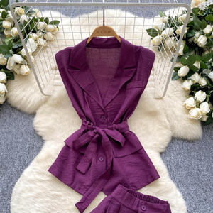 レディースプレミアムカジュアル2ピースセット、タイ付きノースリーブスーツ、ハイウエストスリムドレープパンツ、襟付きベスト、無地 - Product Image 4