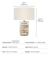 Lampe de table moderne en albâtre, décoration de luxe pour hôtel, base en disques de pierre empilés, entretoises en laiton, abat-jour en tissu, lampe de table LED Diski moyenne