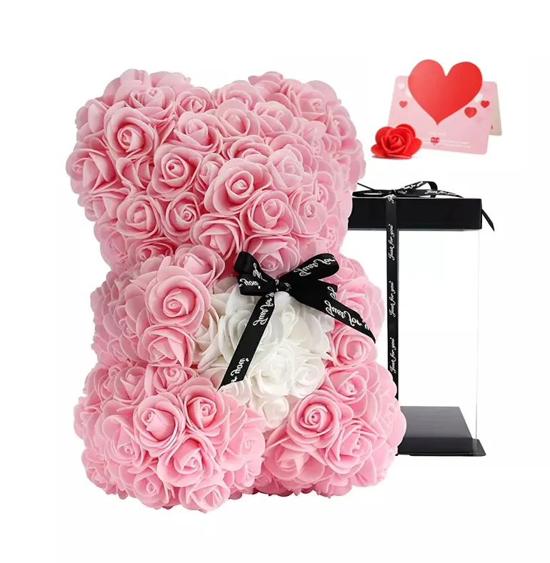 2023 Valentines Day Gifts Foam Rose Bear with Led Light High Quality PE Flower Teddy Bear