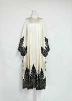 Robe Abaya Musulmane d'Automne en Satin, Kaftan Noir Brodé de Dentelle, Manches Chauve-Souris, Col Montant, Longue Robe Maxi Islamique pour Femme