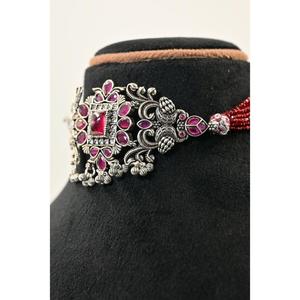 Vintage <b>Silver</b> Oxidised Flower <b>Choker</b> Necklace Red Beads Cubic Zirconia Daily Luxury Gift for Women's Wedding Jewelry Manish - Product Image 3