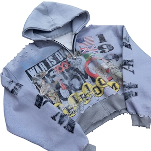 เสื้อฮู้ดดี้สตรีทแวร์ผู้ชายทรงบ็อกซี่ ซิปแบบดิสเทรส พิมพ์ลายดีทีจี ผ้าคอตตอนหนานุ่ม สไตล์วินเทจ ลายกราฟิก - Product Image 1