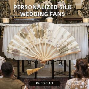 Elegantes Abanicos Plegables de Seda de Bambú Blanco, Arte Popular, Regalo de Boda, Diseño de Flores Pintadas en Bambú, Grabado Personalizado - Product Image 2