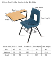 Chaise de formation avec tablette d'écriture et panier, fauteuil en bois avec structure métallique, siège scolaire à hauteur fixe