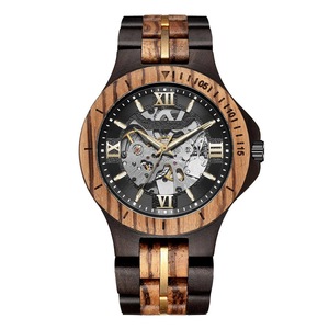 42mm <b>Black</b> Round Hollow Dial Wooden Sports <b>Watch</b> Stainless Steel Band Ceramic Strap Glass Window Movement for Business Diving - Product Image 1