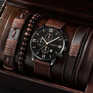 Nouveau Hommes Montre De Luxe Bracelet Ensemble De Mode D'affaires Marron En Cuir Quartz Montres pour Hommes Cadeau Ensemble Relogio Masculino - Product Image 4