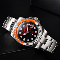 Montre mécanique de mode personnalisée avec cadran rouge ondulé, lunette orange, GMT, 40 mm, acier inoxydable, montre de plongée, 50 bars, résistante à l'eau, luminescente