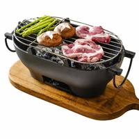 Barbecue portable en fonte ovale avec base en bois pour grillades coréennes, yakitori, camping et cuisson en extérieur