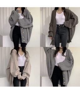 Sul-coreano Chic Mulheres Outono Inverno <span class=keywords><strong>Cardigan</strong></span> V-Neck Single-Breasted Lanterna Solta Manga De Malha Camisola Longa Casaco Casual - Product Image 2