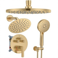 Système de douche avec robinet de régulation de pression, ensemble de robinetterie de douche à montage au plafond 10 pouces, 2 douches pluie et douches à main, inverseur à bouton-poussoir, finition or brossé