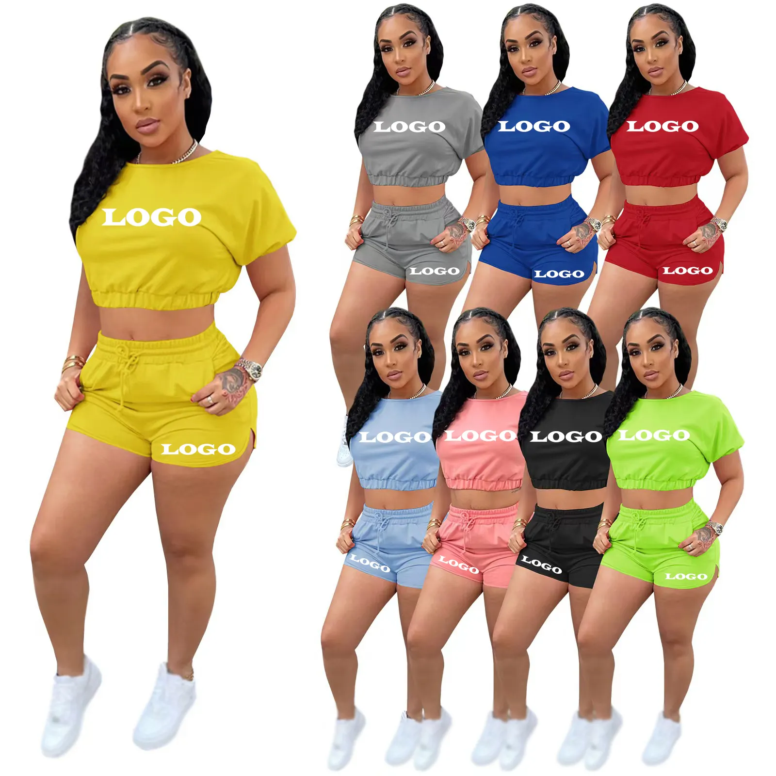 Wholesale Customize Logo Daily Tracksuit New Design Lady Sports Jogging Pure Sexy Crop Top And Shorts Two Pcs Seamless Women Set