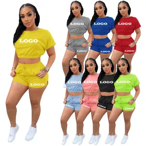 Survêtement Quotidien Nouveau Design Dame Sport Jogging Pur Sexy Crop Top Et Shorts Ensemble Deux Pcs Sans Couture Pour Femmes Vente en Gros Personnaliser Logo