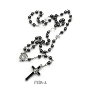 Collier chapelet noir perlé avec pendentif croix en alliage de zinc, bijoux de mode unisexe - Product Image 3