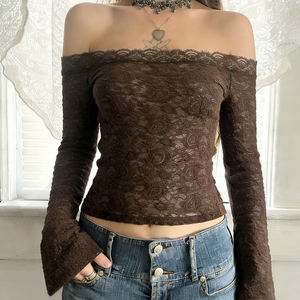 Blusa Elegante de Encaje con Hombros Descubiertos y Manga Larga para Mujer, Ajuste Delgado, Textura Floral, Manga Campana, Estilo Chic para Fiesta - Product Image 4