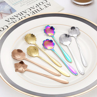 Sendok Kopi Bunga Stainless Steel Mini, Sendok Teh Dessert, Sendok Pengaduk Bunga Pelangi Lapisan Emas PVD, Peralatan Makan Dapur