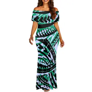 Promotionele Polynesische Elei Tribal Design Custom Avondfeest Strand Sexy Pacific Eiland Patroon Jurk Plus Size Vrouwen Jurk