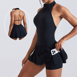 Met zakken Tennisrok met hoge hals Sexy rugloze golfrok Sneldrogende Tuturok Dames Sport Fitnesskleding Mouwloze vrijetijdskleding - Product Image 2