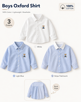 Chemise Oxford Garçon 2026 à Manches Longues en Coton, Boutonnée, Broderie Ours, Décontractée, Style Preppy, Légère, pour Uniforme Scolaire et Usage Quotidien