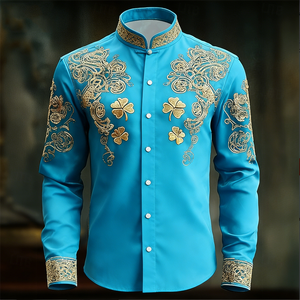 <span class=keywords><strong>Chemise</strong></span> décontractée pour <span class=keywords><strong>homme</strong></span> à manches longues, à simple boutonnage, à motif floral, avec motif trèfle 3D doré islamique en tricot, haut de <span class=keywords><strong>luxe</strong></span> tendance, <span class=keywords><strong>chemise</strong></span> de conception modeste - Product Image 6