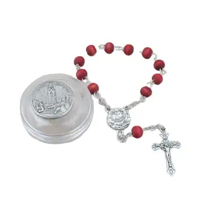 Design High Quality Decade Catholic Rosary Finger Ring Italy Necklaces Cross Beads Religious Crucifix Wood Red Unisex Round