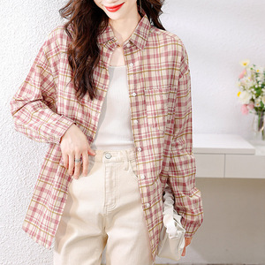 Chemise écossaise à carreaux pour <span class=keywords><strong>femme</strong></span>, manches longues, style rétro artistique, haut en coton pour le printemps et l'automne - Product Image 4