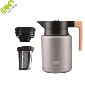 GT006 Umwelt freundlicher doppelwandiger Vakuum 304 Edelstahl Holzdeckel Thermoskanne Vakuum Kaffee flasche Teekanne mit Aufguss