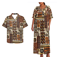 Robe maxi sans bretelles à fleurs hawaïennes, style micronésien, assortie à une chemise pour homme, imprimé tribal polynésien, vêtements de couple sur mesure