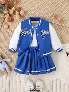 Setelan Jaket Baseball Bermotif Huruf dengan Rok Lipit, Jaket Hoodie Baseball <span class=keywords><strong>2</strong></span>-Piece Set, Setelan Hoodie Lengan Panjang Musim Gugur dengan Rok untuk Anak Perempuan - Product Image 5