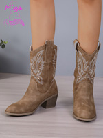 Vintage Western Cowboy bottes chevalier bottes moyen Tube daim cuir broderie bout pointu talon épais mi-mollet bottes pour femmes