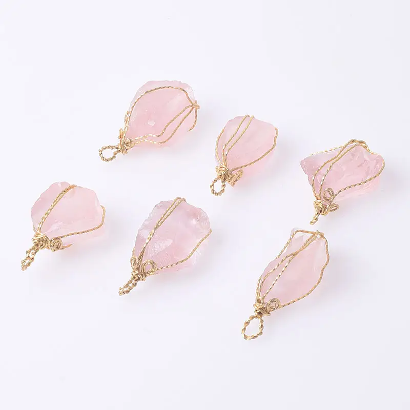 Wholesale Natural Rose Quartz Pendant Raw Stone Brass Rose Gold Color Wire Wrap for Necklace Jewelry Making