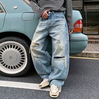 Jean Homme Y2K 2026 de Haute Qualité, Style Streetwear, Bleu Clair Vieilli, Effet Usé et Déchiré, Denim Pulvérisé, OEM ODM