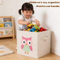 Cube de rangement pliable en tissu avec applique hibou en feutre, organiseur de jouets pour chambre de bébé avec poignées