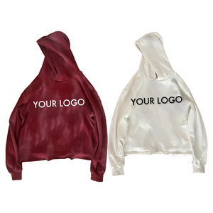 Sudadera con capucha corta vintage lavada con dobladillo sin rematar, hombros caídos, efecto deshilachado, logotipo personalizado, estilo streetwear, venta al por mayor - Product Image 1