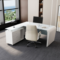 Bureau de Direction Exécutif en Verre Moderne en L Blanc, Meuble de Bureau Pas Cher pour Cadre PDG