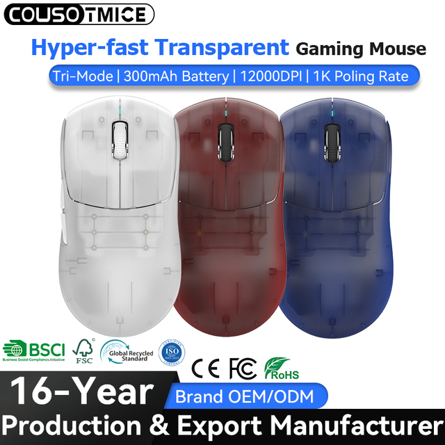 OEM PAW3311 Tri-mode Wireless Gamer Mouse 53g Lightweight 1K Polling Rate 12000DPI Programmable Transparent Gaming Mouse