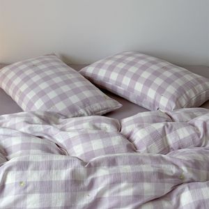Korean Style Purple Plaid Four-Piece <b>Bedding</b> <b>Set</b> Yarn-Dyed Cotton Gauze Breathable 1.8M Double Layered Duvet Cover Pillowcases - Product Image 1