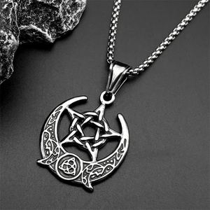 Collar con Colgante de Pentagrama y Nudo de Bruja, Triple Luna, Diosa, para Mujeres y Hombres, Acero Inoxidable, Estilo Retro, Wicca, Luna Creciente, Cadena, Joyería - Product Image 3