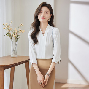 Women's White Chiffon Blouse Three Quarter Sleeve V Neck Professional Workwear Shirt Solid Color Polyester Fabric - Product Image 4