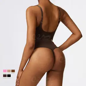 Bán Buôn Giản Dị Scoop Phía Trước Đường Viền Cổ Áo Liền Mạch Thong Bodysuits Có Thể Điều Chỉnh Dây Đeo Điêu Khắc Một Mảnh Yoga Mặc