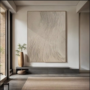 Opera d'Arte per Progetti Alberghieri Direttamente dalla Fabbrica, Grande Quadro in Cristallo 3D Beige con Texture, Decorazione Classica Neutra per la Casa con Cornice Nera - Product Image 1