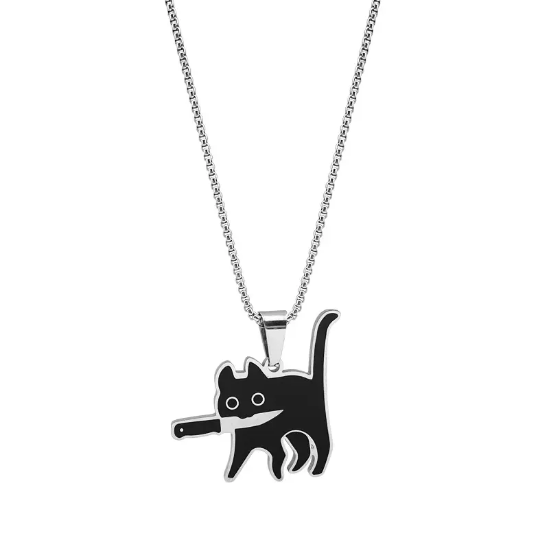 Fashion Jewelry Creative Knife Black Cat Modeling Bff Necklace Funny Black Cat Has Knife in its Mouth Stainless Steel Necklace