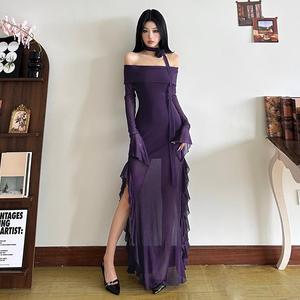 Off-Shoulder Mesh Long Sleeve Dress Dark Purple High Low Bodycon Fishtail <b>Split</b> <b>Skirt</b> Women Summer Bridesmaid Dress - Product Image 1