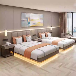 Ensembles de meubles de chambre d'hôtel modernes personnalisables : Cadre de lit double king-size en bois durable avec tête de lit rembourrée et tables de chevet - Product Image 6
