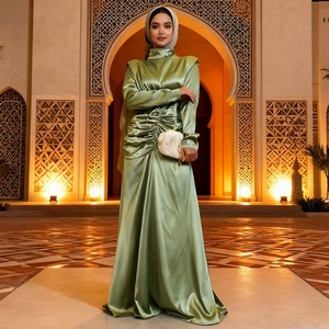 9.9 New Arrival Dress Smooth Thick Satin High Round Neck Elastic Pleated Waist Big Bottom Fashionable Long Dress 6664# - Product Image 5