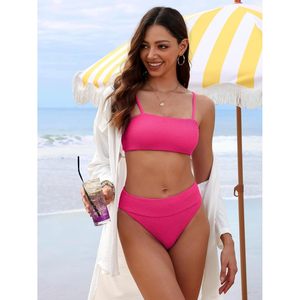 FOXA Conjunto de bikini para mujer, cintura alta, textura acanalada, traje de baño de 2 piezas, escote bandeau, ropa de playa - Product Image 4