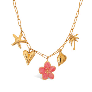 Collar de acero inoxidable con dijes de flores, colgante chapado en oro para mujer, joyería de moda, look de vacaciones de verano - Product Image 1