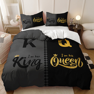 Ensemble de housse de couette à impression numérique 3D motif personnalisé noir rouge He She Queen King Polyester Literie - Product Image 6