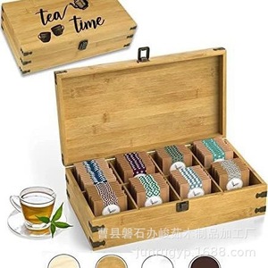 Bamboo <b>Tea</b> <b>Box</b> With Compartments For <b>Tea</b> Bags Office Desk Storage Organizer Rectangle Shape Engraved <b>Tea</b> Label - Product Image 2