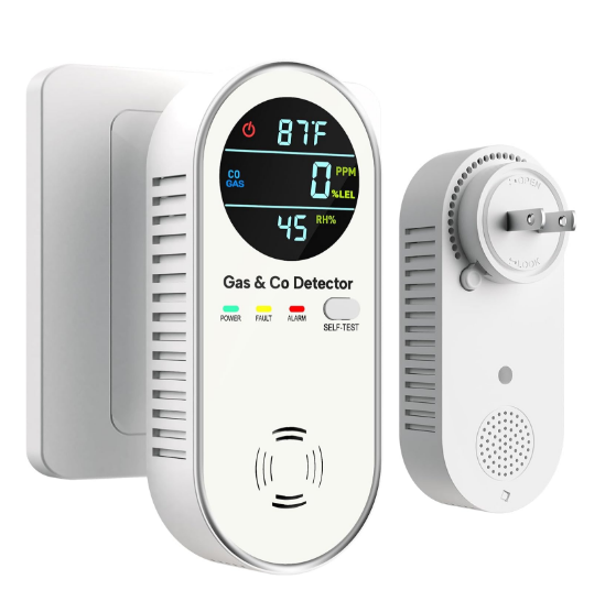 4in1 Plug in Carbon Monoxide and Natural Gas Detectors Temp Humidity CO & Propane Natural & Explosive Gas Detector for Home