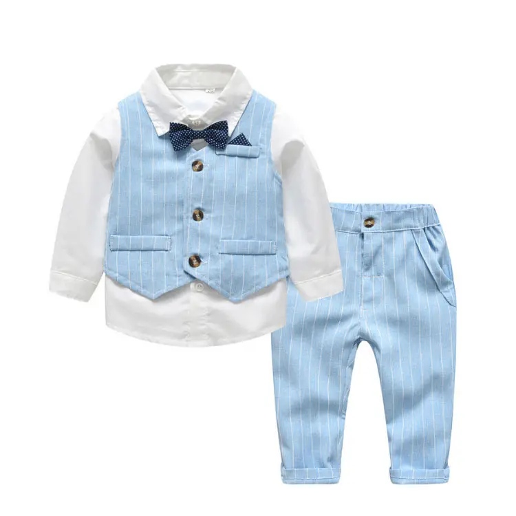 nuevo desgaste de los niños traje de tres piezas de caballeros y rayas azul + corbata niños conjuntos de ropa de bebé